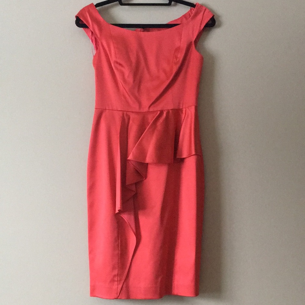 Kay Unger stretch satin peplum dress in coral - Picture 1 of 7